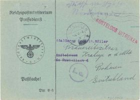 Postsache aus Den Haag nach Kralup a.M., 11.4.41 Durchlaufstempel der ABP Köln